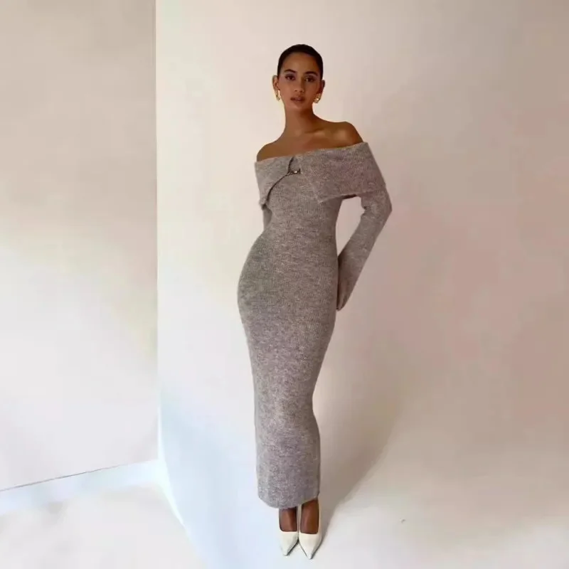 Luxury Fluffy Solid Knitted Off Shoulder Midi Dress Women 2024 Fall Winter Elegant Bodycon Flared Long Sleeve Sweater Long Dress