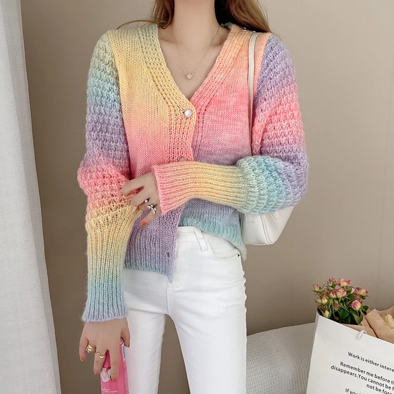 Zoki Elegant Women Rainbow Cardigan Japan Casual Long Sleeve Gradient Knitted Coats Sweet Casual Design Female Fashion Sweaters