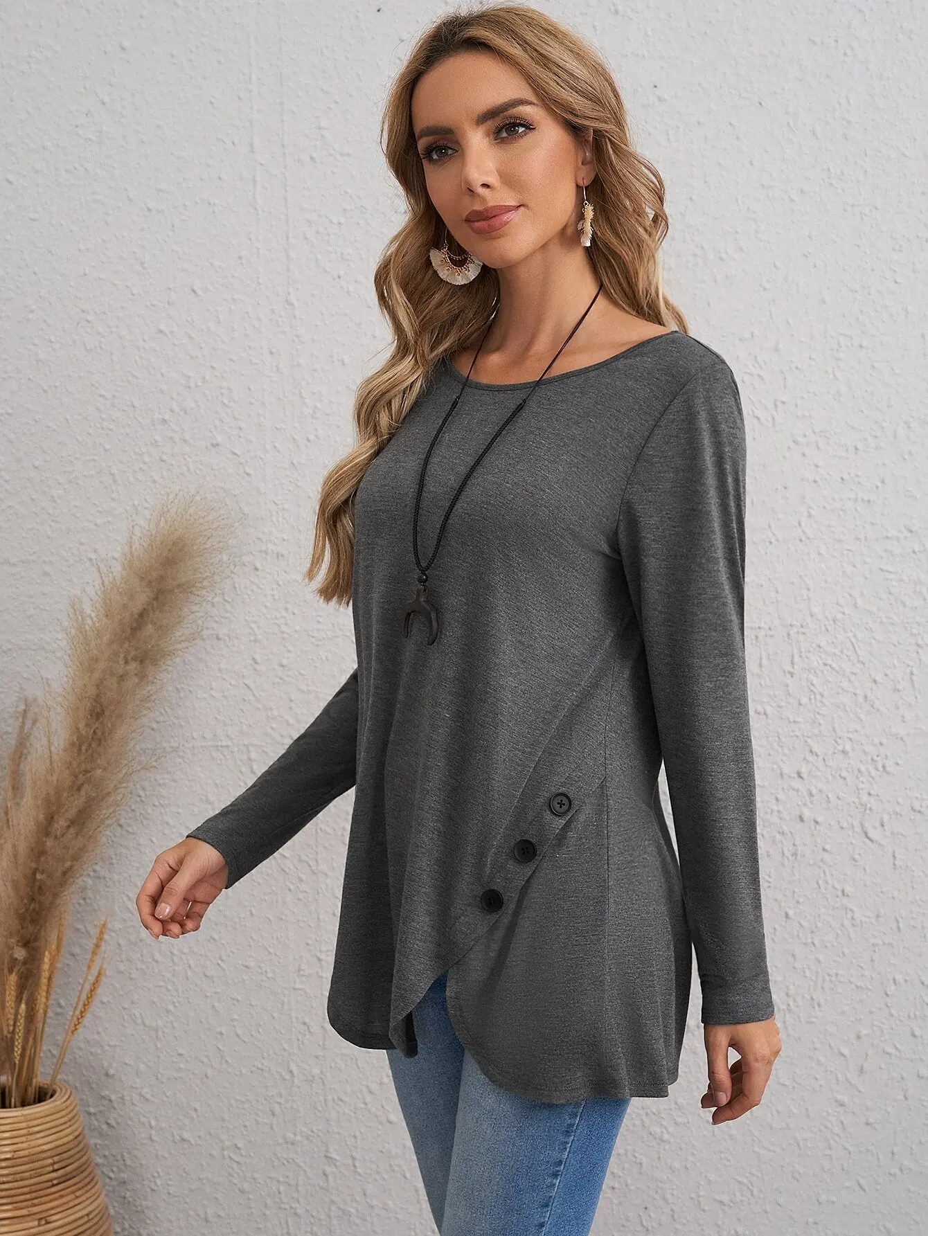 여성용 버튼 장식 스캘럽 밑단 긴 소매 캐주얼 티셔츠 가을 셔츠 겨울 탑 여성 탑