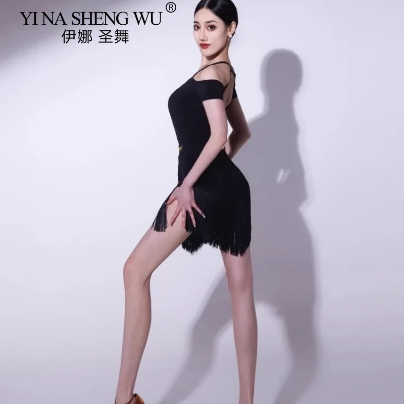 New 2026 Latin Dance Costume Tassel Jumpsuit Top Fringe Skirt Adult Women Latin Samba Rumba Cha Cha Practice Performance Dress