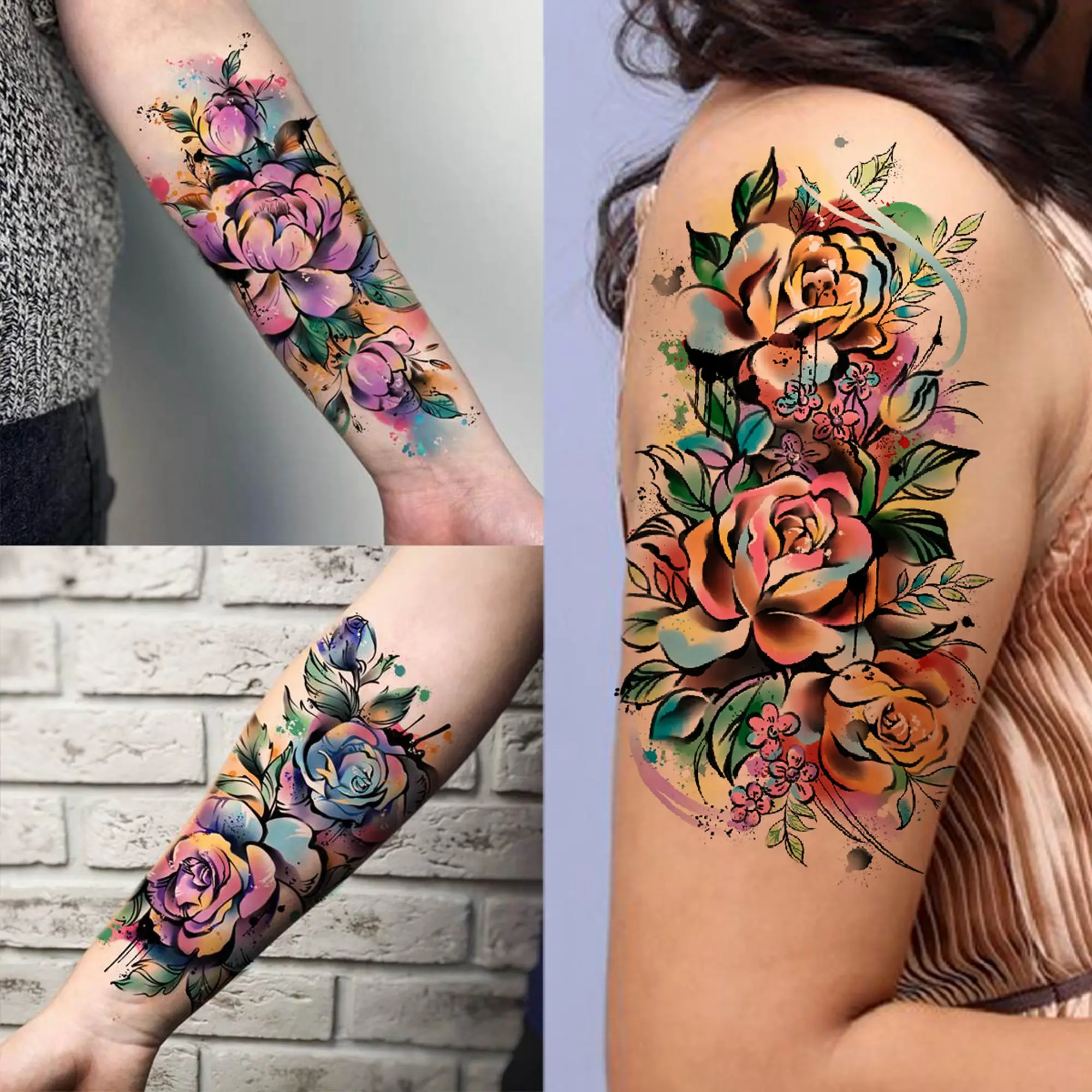 Tatuajes Temporales 3D de rosas de acuarela para mujeres y niñas, tatuaje falso de flor de peonía, León y Tigre, 63 hojas