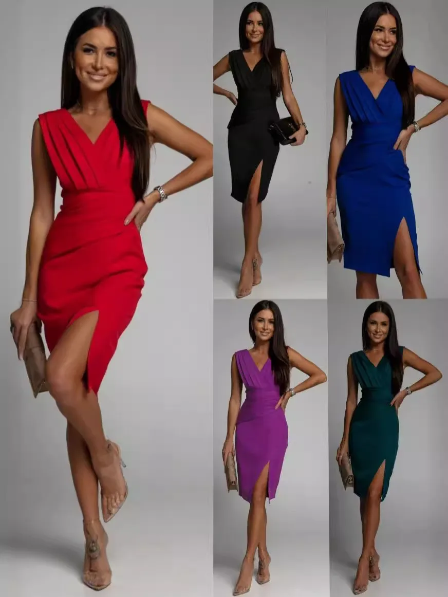 

Summer Women's Clothing Elegant Party Dresses V Neck Sleeveless High Waist Evening Dress For Woman Polyester Midi Split Hem