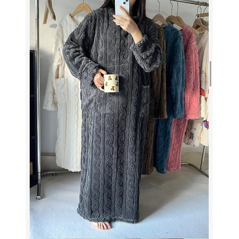 Women Winter Thicken Night Dress Soft Coral Velvet Long Sleeve Nightgowns Solid Color Comfort Nightdress Sleepwear Homewear