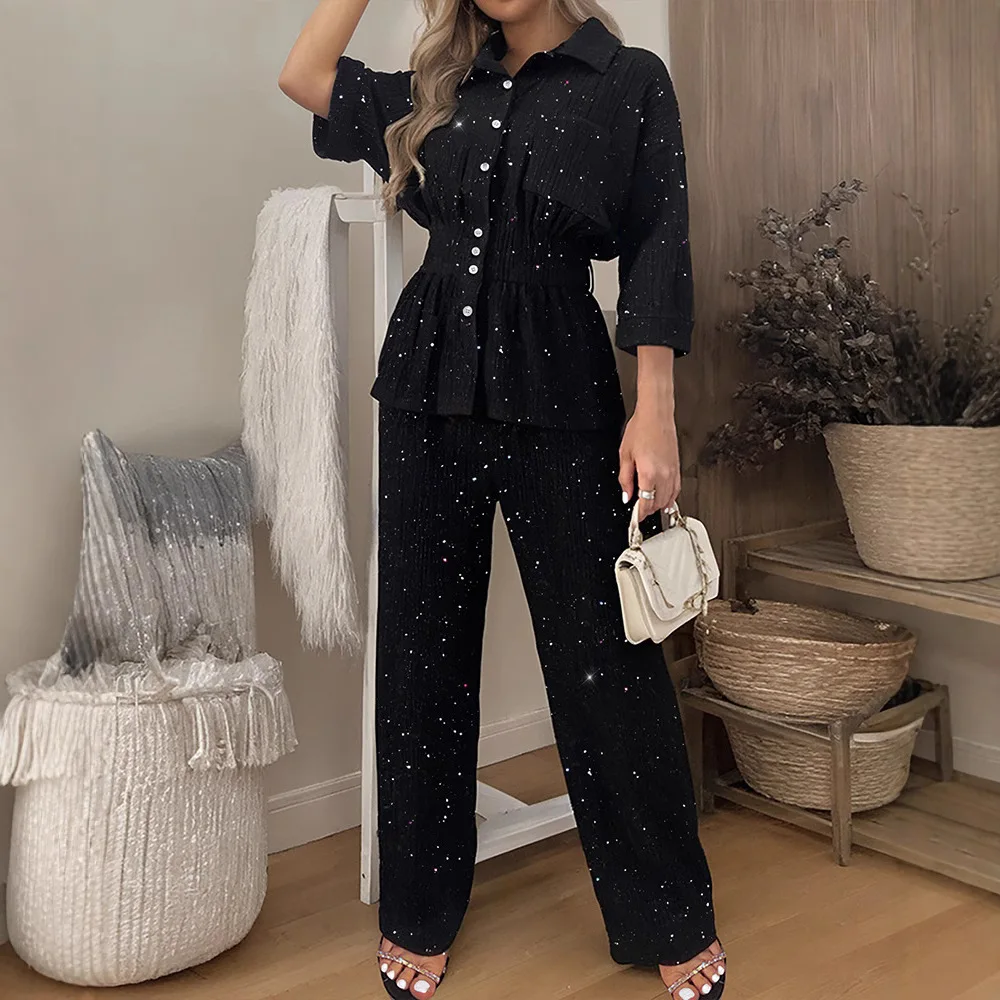 Elegant Women Two-Piece Suit Set Glitter Solid Color Long Sleeve Turn-Down Collar Button Shirring High Waist Shirt Top Pants Set