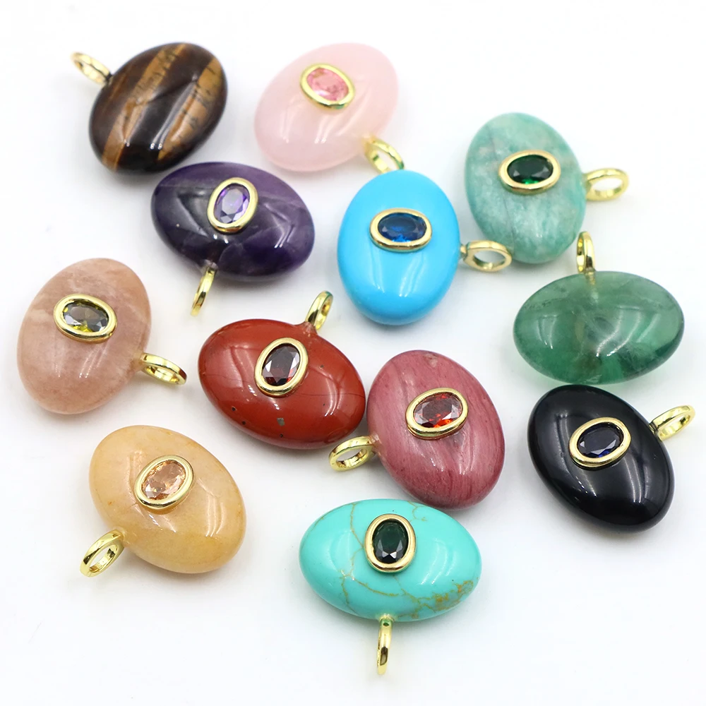 25mm Natural Stone Oval Pendant Inlaid Colorful Plated Bail Hand Polished Charm DIY Necklace Jewelry Making Craft Accessory Gift