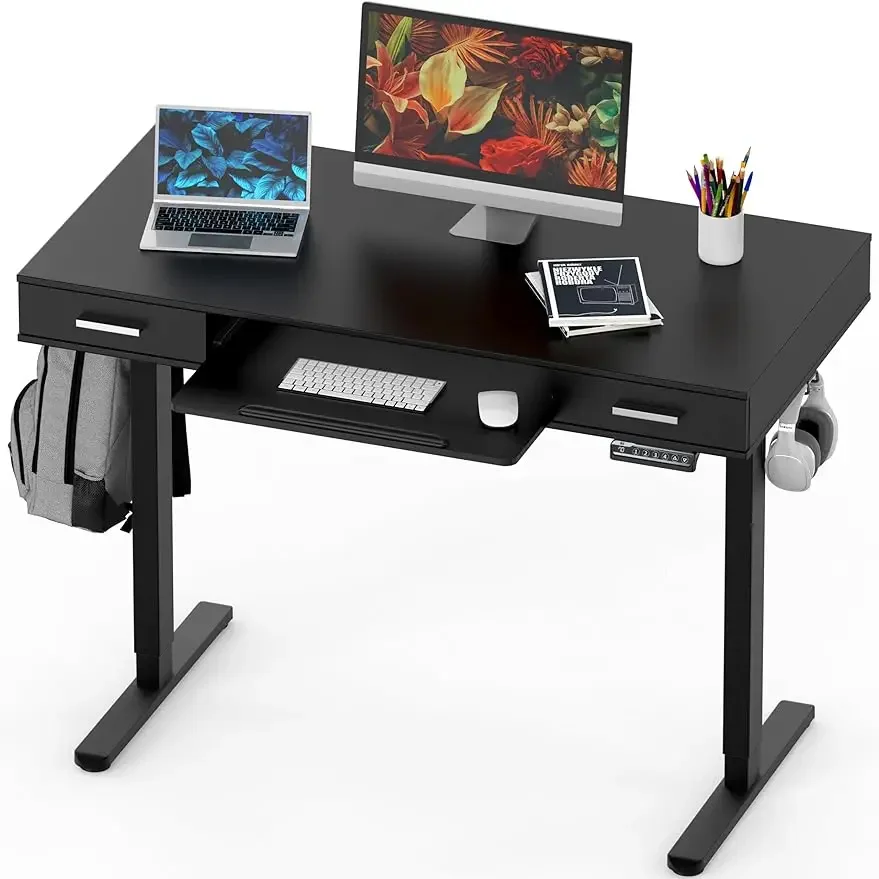 48-Inch Electric Height Adjustable Desk with Keyboard Tray and Two Drawers, Black