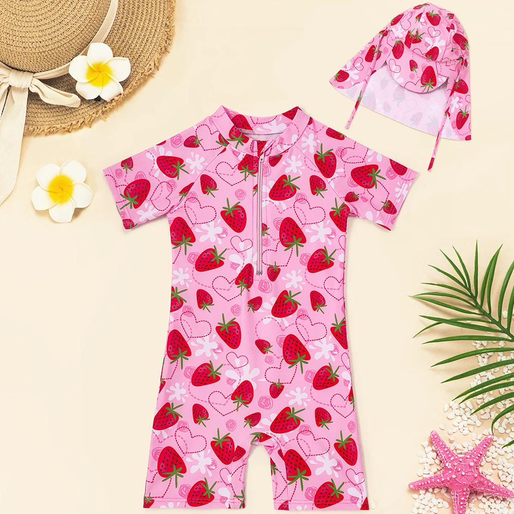 Baby Girl Swimsuit Short Sleeve One-Piece Swimwear with Hat Rash Guard Strawberry Print Zipper Beach Infant Bathing Suit