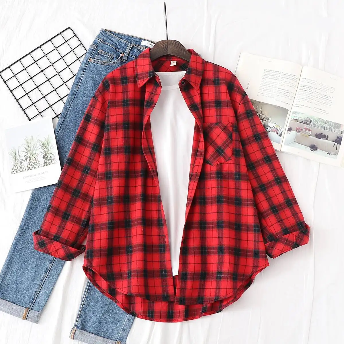 Elegante Vrouwen Plaid Shirt 2024 Nieuwe Dames Grote Maat Casual Losse Lange Mouw Blouse & Tops Vrouwelijke Revers Gecontroleerd kleding
