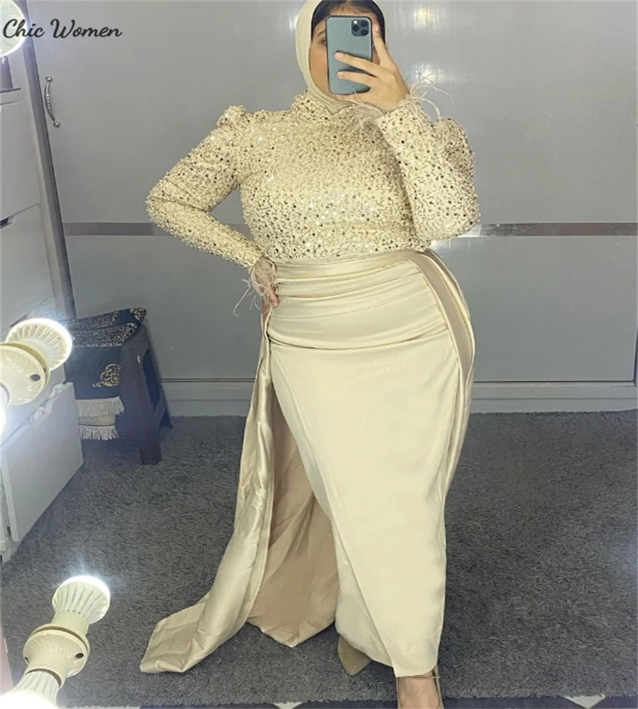 

Gorgeous Champagne Evening Dress With Detachable Train Sequin Mermaid Prom Dress With Feather Long Sleeve Birthday Customized