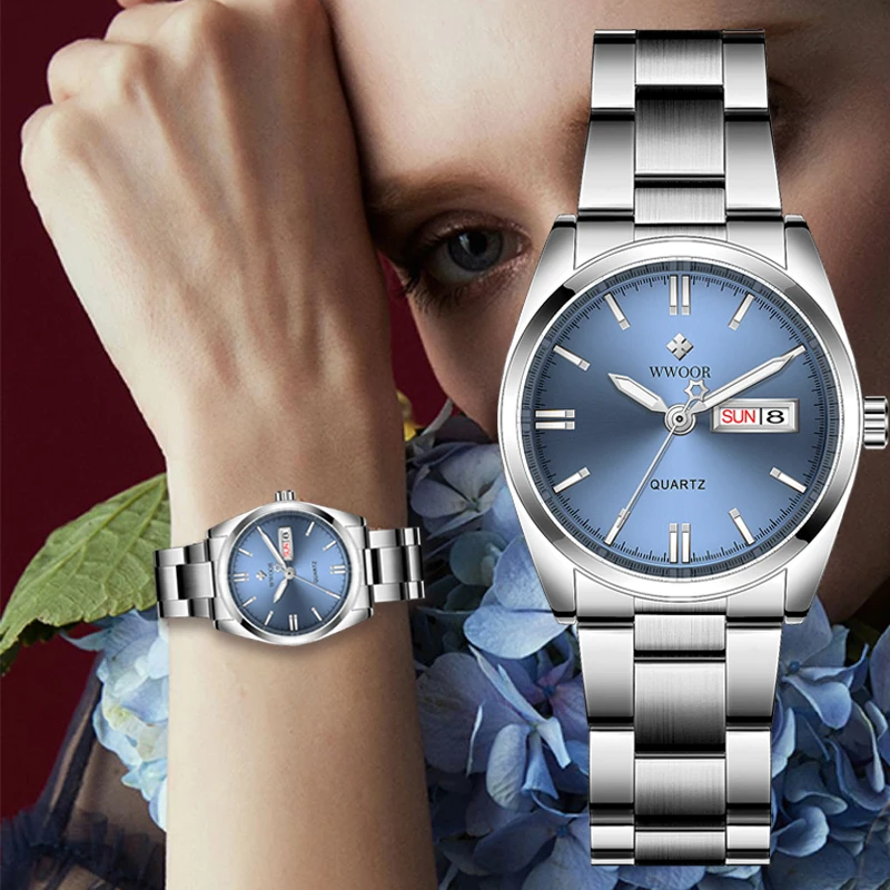 Wwoor luxo azul assista data semana relógios femininos senhoras de aço inoxidável pulseira feminina relógio de pulso feminino relogio feminino