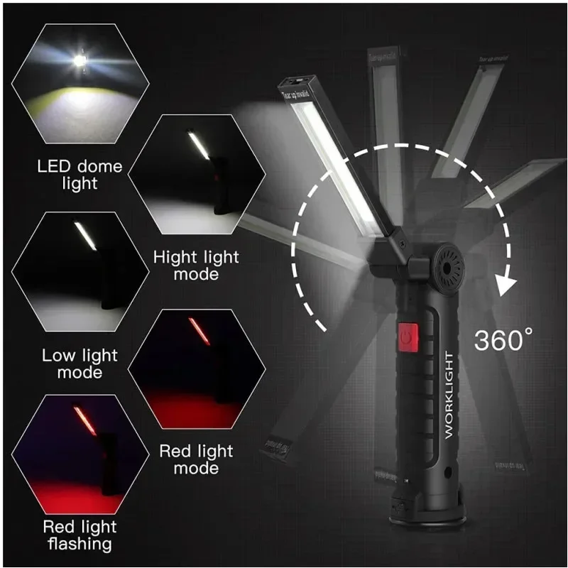 New Portable COB LED Flashlight USB Rechargeable Work Light Magnetic Lanterna Hanging Lamp with Built-in Battery Camping Torch