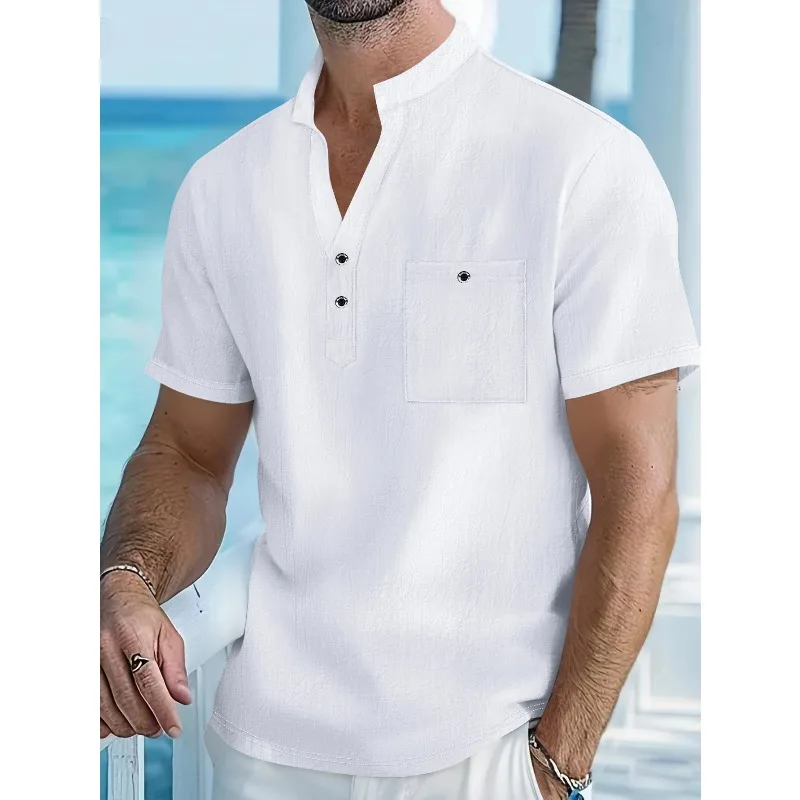 

Men's Cotton Linen Short-Sleeve Shirt with Stand Collar & Half-Button Placket - Casual Outdoor Leisure Wear for Spring and Summe