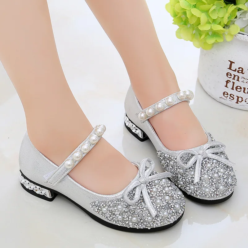 

2025 Girls Sequin Princess Shoes Spring New Kids Fashion Bow Leather Mary Janes Dance Fairy Lady Children's Wedding Leather Shoe