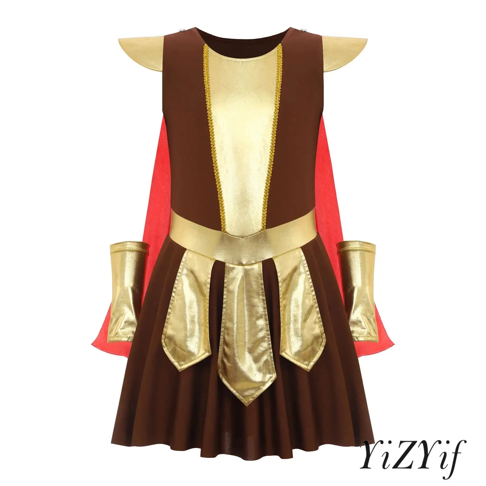 

Kids Girls Roman Warrior Costume Battle Ready Metallic Dress with Cape Historical Role Play Set Halloween Gladiator Dress