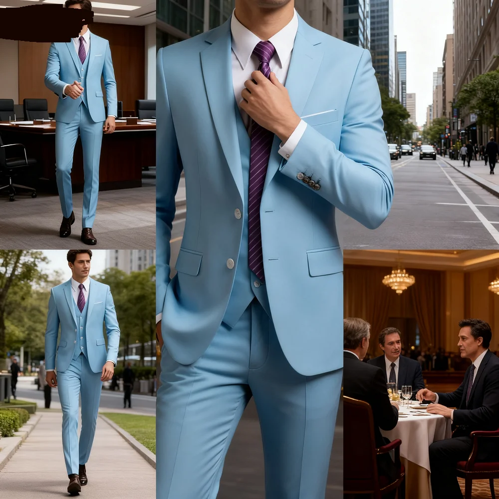 

Elegant 3 Piece Burgundy Men's Suits Full Set Single Breasted Peaked Lapel Blazer Formal Prom Business Suit with Vest And Pants