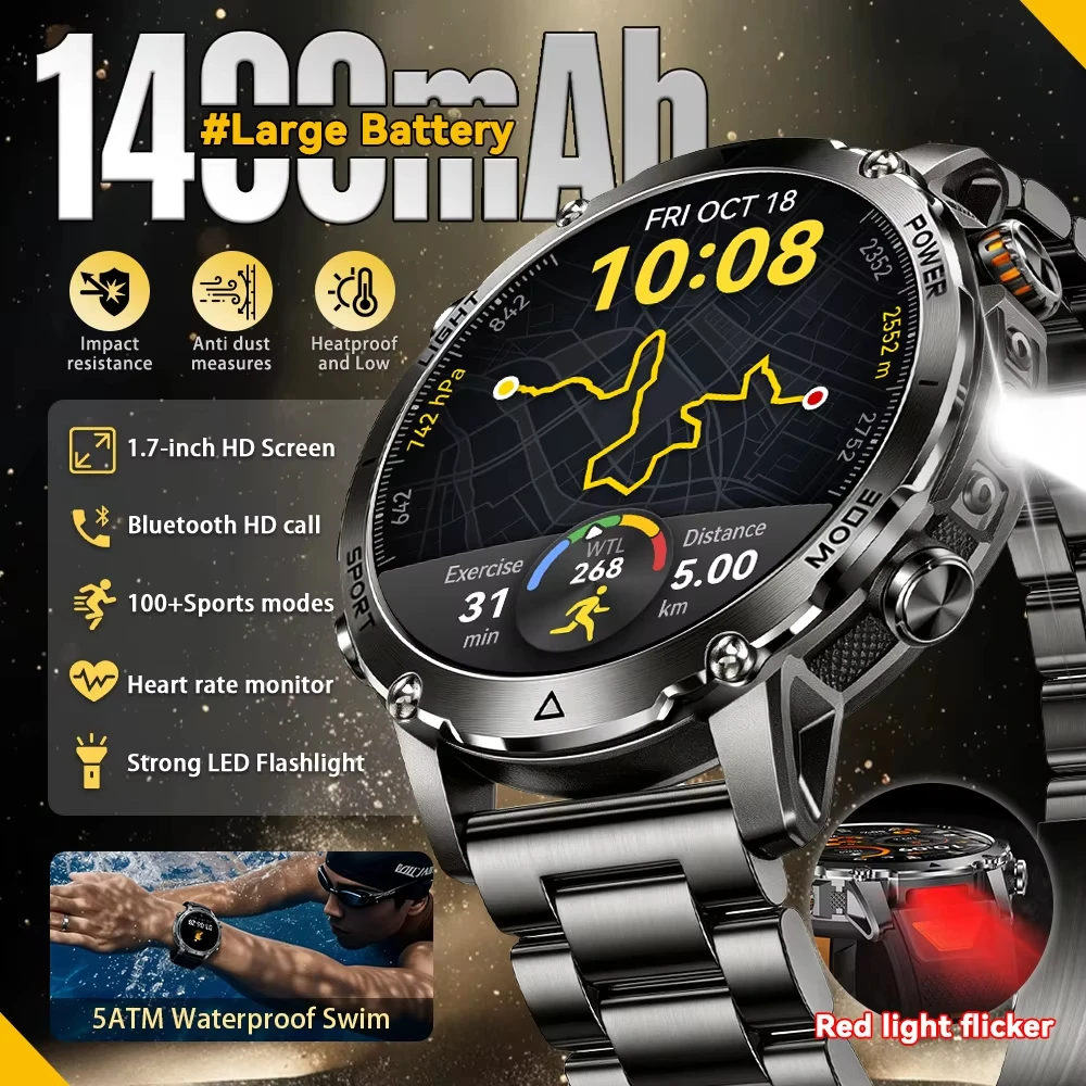 

Смарт-часы с функцией звонков, Bluetooth, GPS-трекингом, AMOLED-экраном 1,7 дюйма, аккумулятором 1400 мАч, мужские, спортивные, военные, новые 2026, для iOS и Android