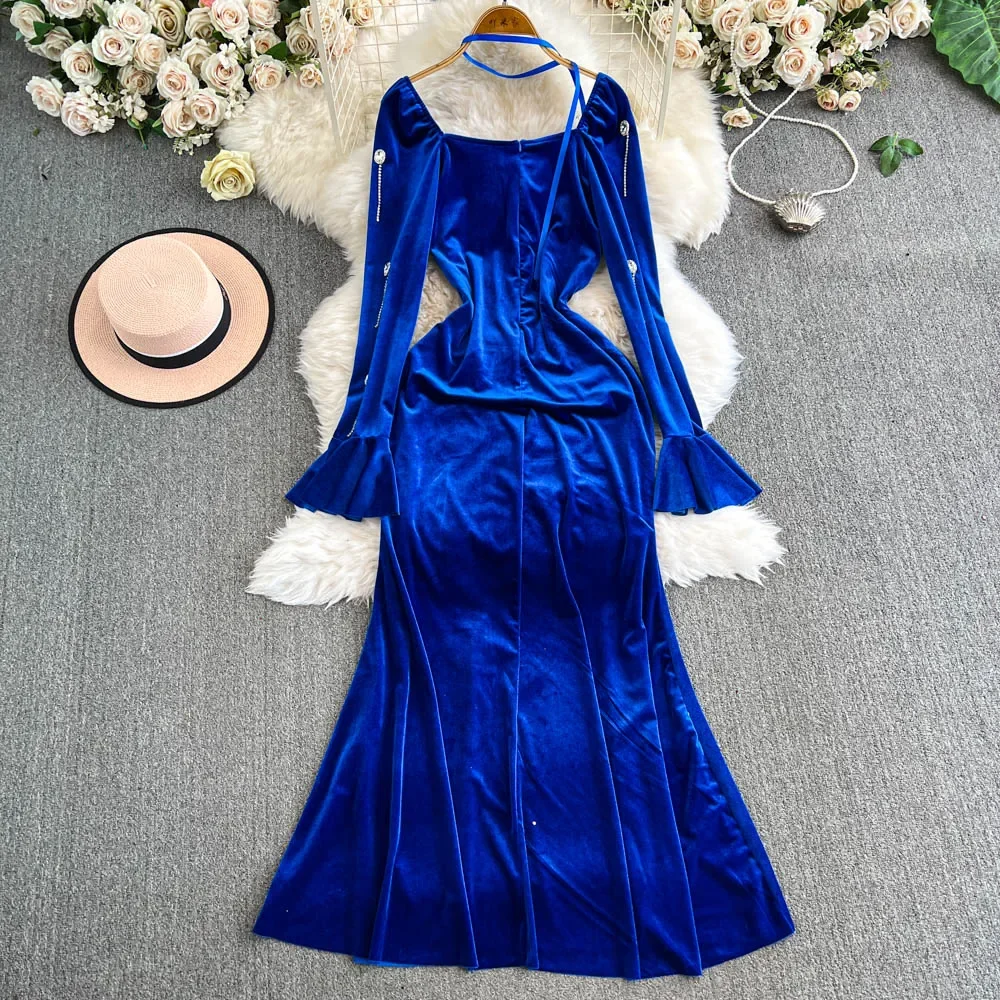 Elegant Long Flare Sleeves Square Collar Embroidered Beads Slim Long Dresses Evening High Street Autumn Winter Velour Clothing