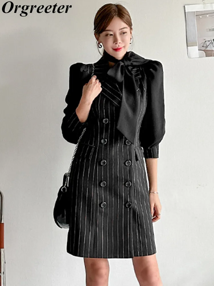 

Korean Temperament Slim Double-breasted Blazer Dress Chic Fashion Puff Sleeve Splicing Lace-up Striped Professional Suit Dress