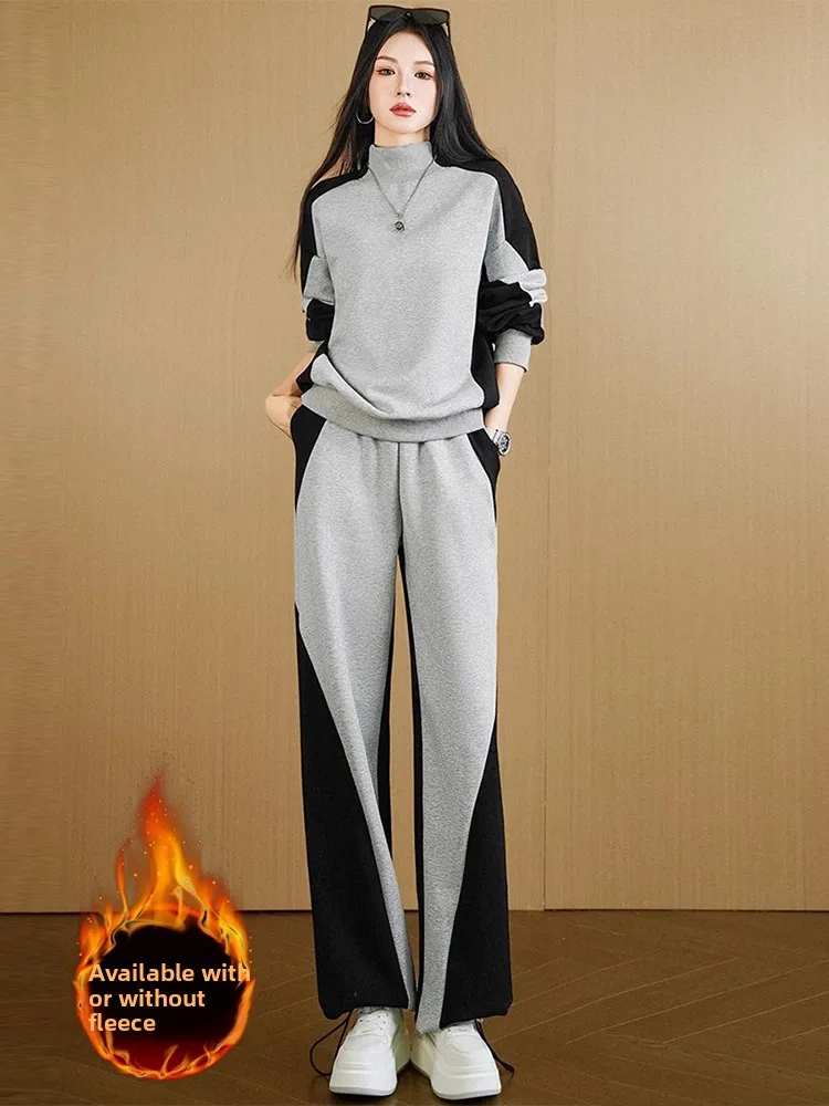 

Fashionable High Neck Sweatshirt And Wide Leg Pants Two Piece Set for Women Winter Leisure Sports Outfit Unique Design