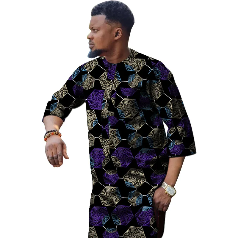 Nigerian Fashion Men's Shirt 3/4 Sleeve Ankara Tops Tailor Design Made Male African Wedding Party Wear