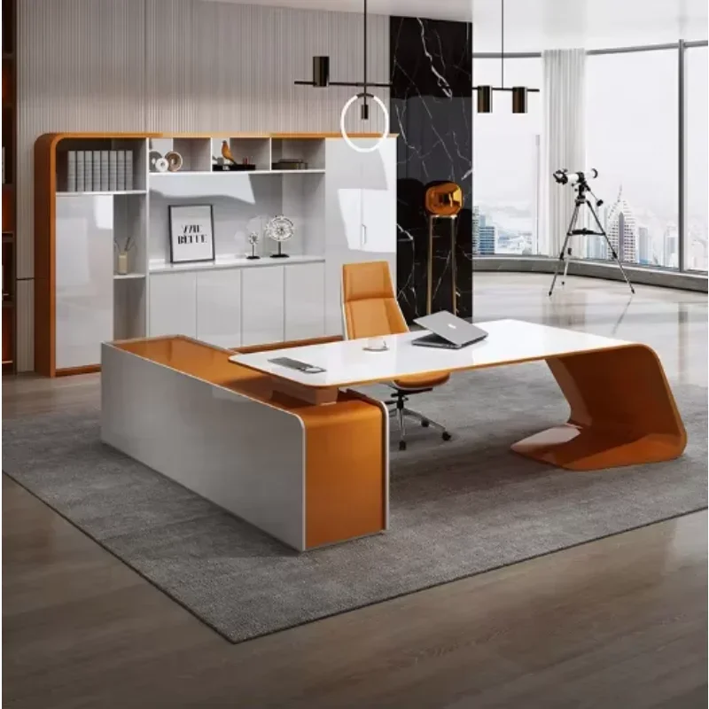 L-shaped, with side cabinets, white minimalist desk, suitable for study