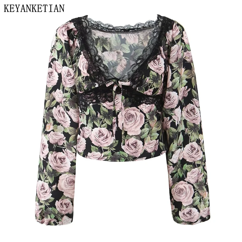 

KEYANKETIAN 2025 Spring New Pastoral style Rose print Shirt Bow Lace Decoration V-Neck Lantern Sleeve Blouse Women's Crop Top