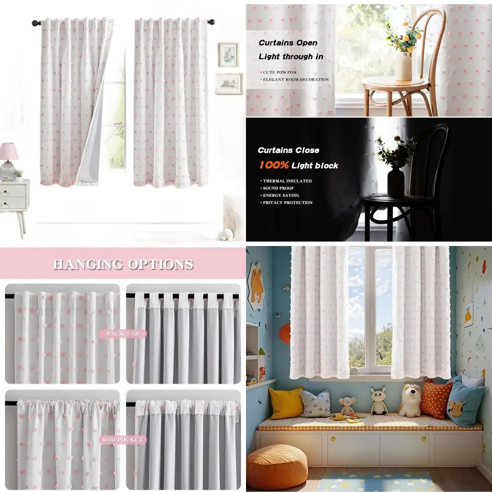 

63 100% Blackout Pink Pom-Pom Curtains for Girls' Room, 2-Panel Set, 52 Wide x 63 Long, Toddler-Friendly Drape