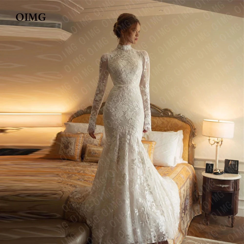 

OIMG Vintage Lace Long Sleeves Wedding Dresses Gowns Applique Mermaid High Neck Formal Pricness Bride Bridal Gown Dress