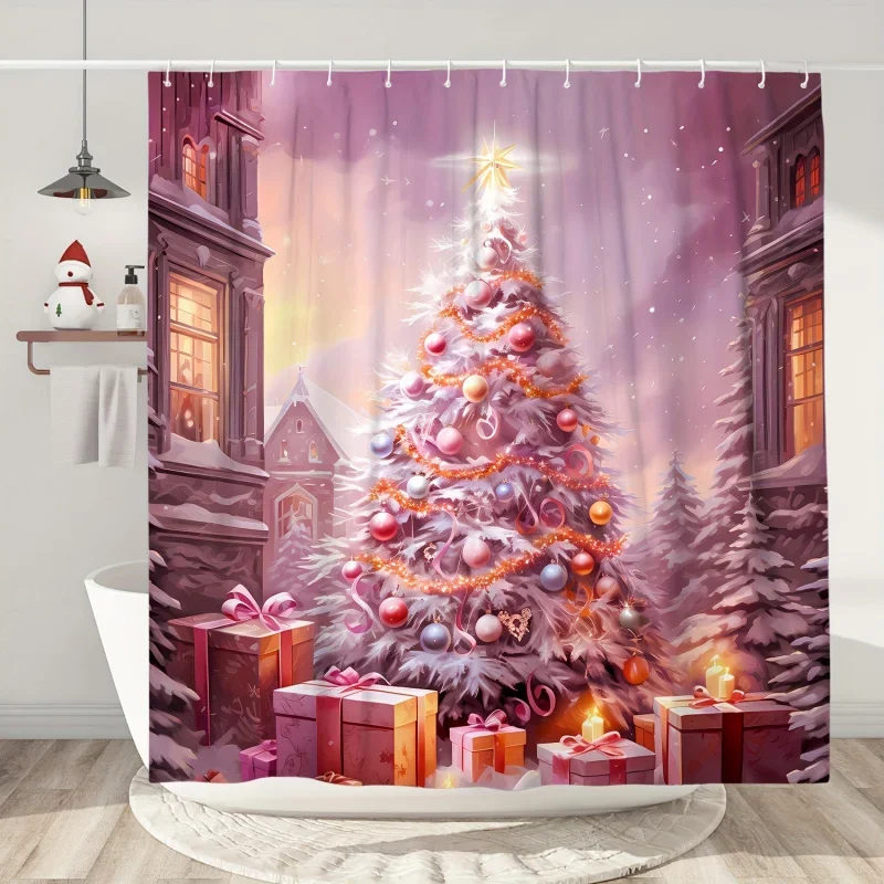 1pc Christmas Tree Gift Print , Water-resistant Shower Curtain Including Hooks, Pink Bathroom Accessories