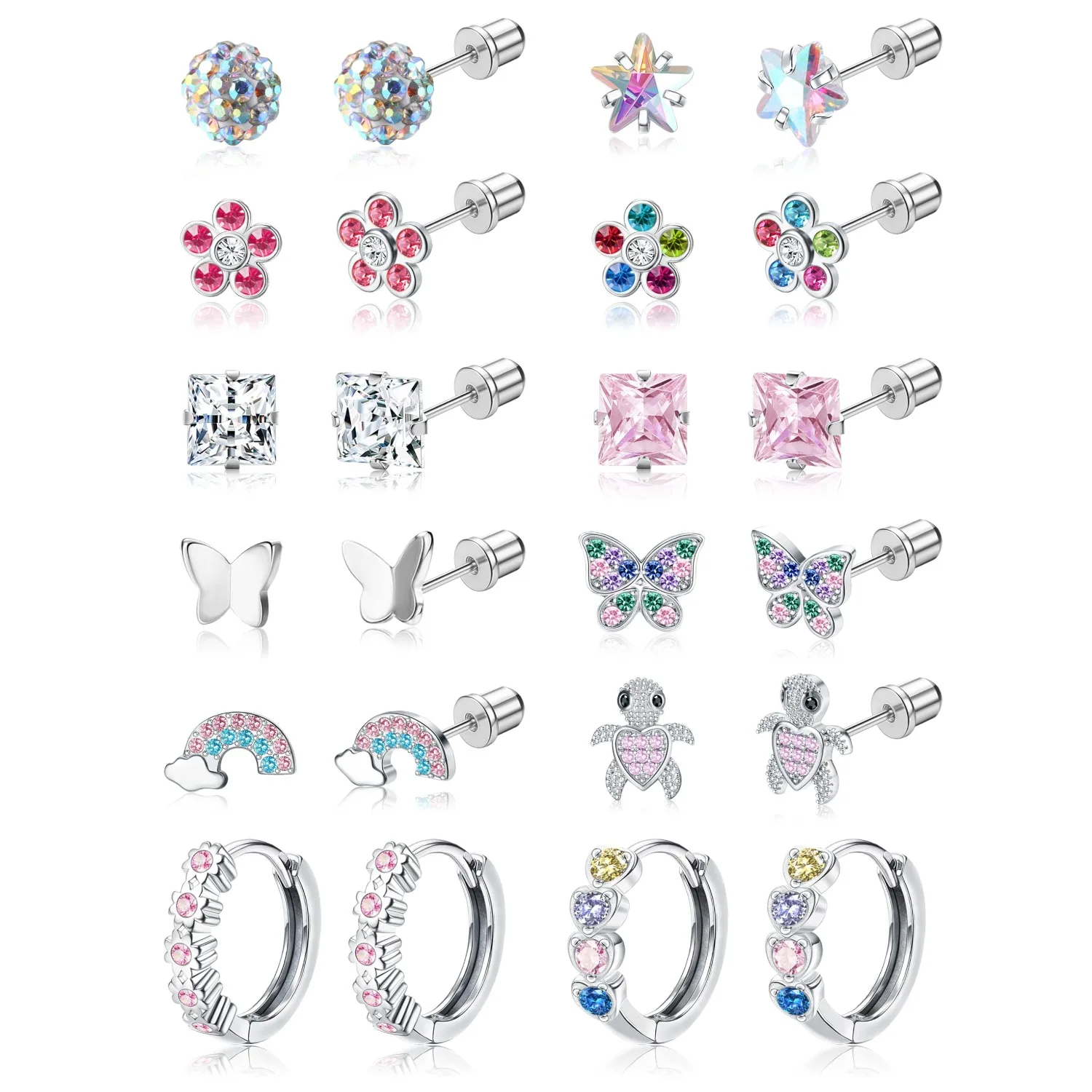 Bobisty Hypoallergene chirurgische Edelstahl-Ohrringe für Damen, Ohrringe mit Schraubverschluss, niedliche Blumen- und Schmetterlings-Ohrstecker
