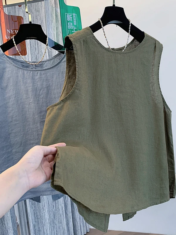 레트로 린넨 베스트 여성용 여름 고급스러운 루즈 캐주얼 슬릿 라운드 넥 탑 출퇴근용 여성스러운