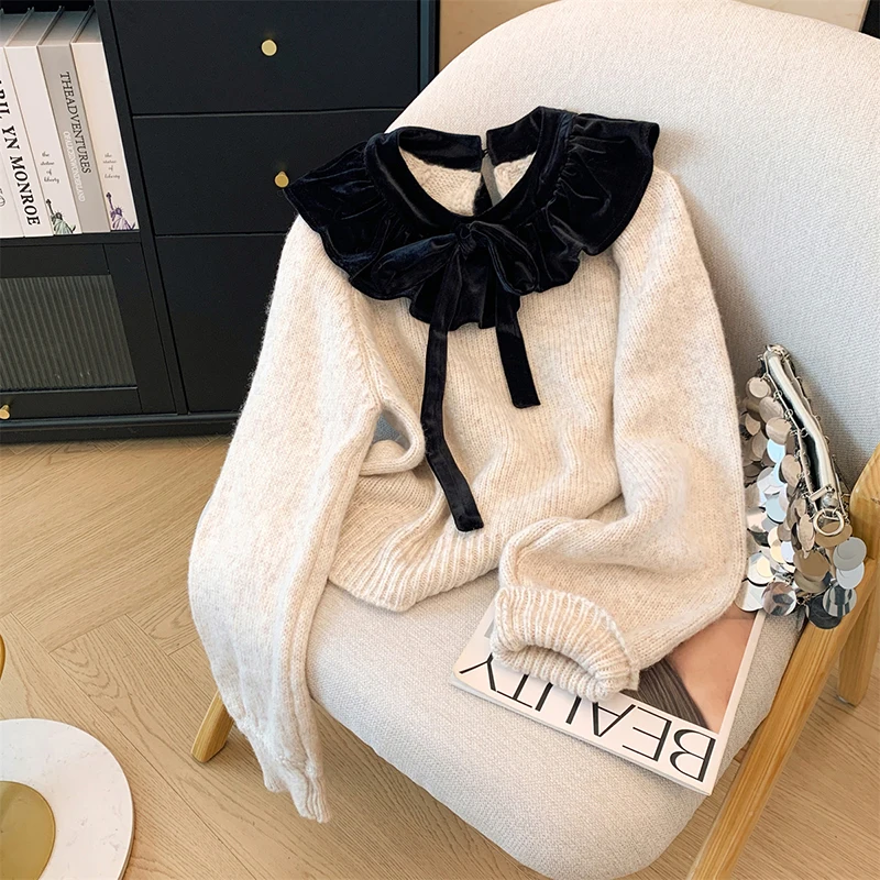 

MEXZT Vintage Bow Sweater Women Streetwear Velvet Patchwork Knitted Pullovers Long Sleeve Knitwears Winter Korean Casual Jumpers