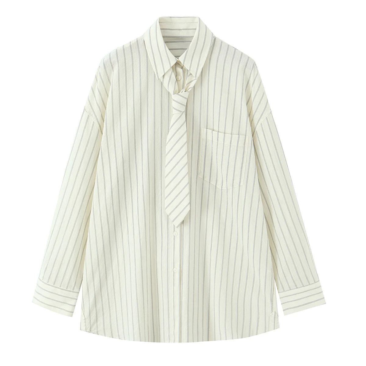 Nowa jesienna damska koszula o prostym, uniwersalnym stylu, z klapami, wiązana, zapinana na jeden guzik, z długim rękawem, o luźnym kroju.