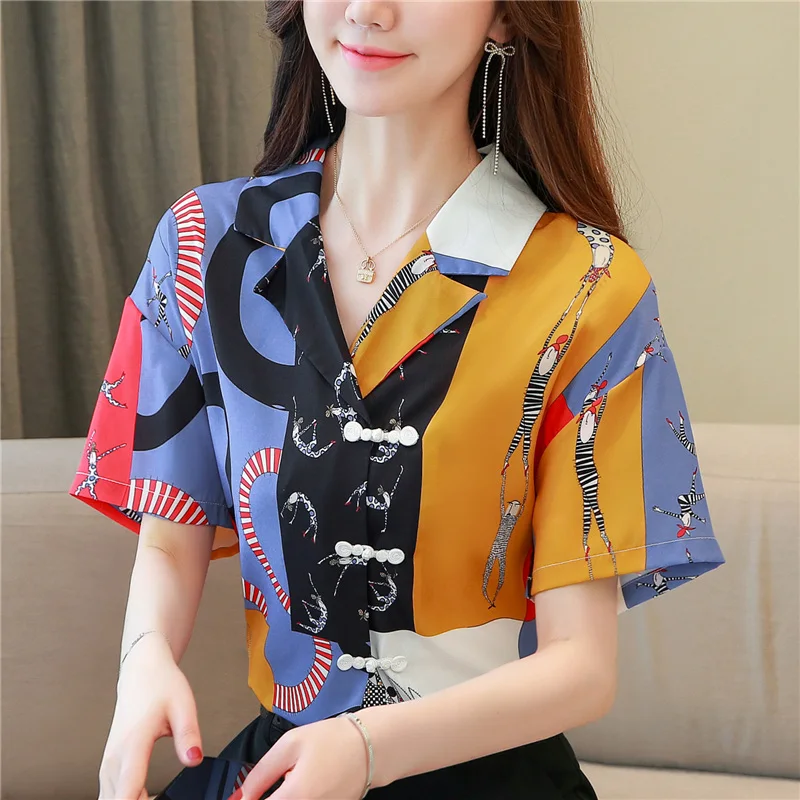 Silk Shirt for Women, New Design Sense, Summer Printed Vintage Button Short Sleeve Plus Size Top