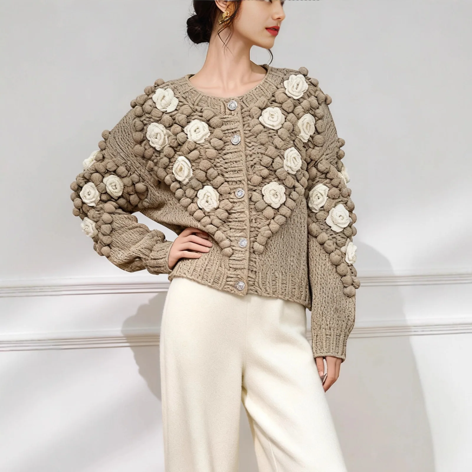 

Autumn And Winter Thick Thread Stick Needle Three-dimensional Flowers Thick Knitted Cardigan Women's Sweater Jacket