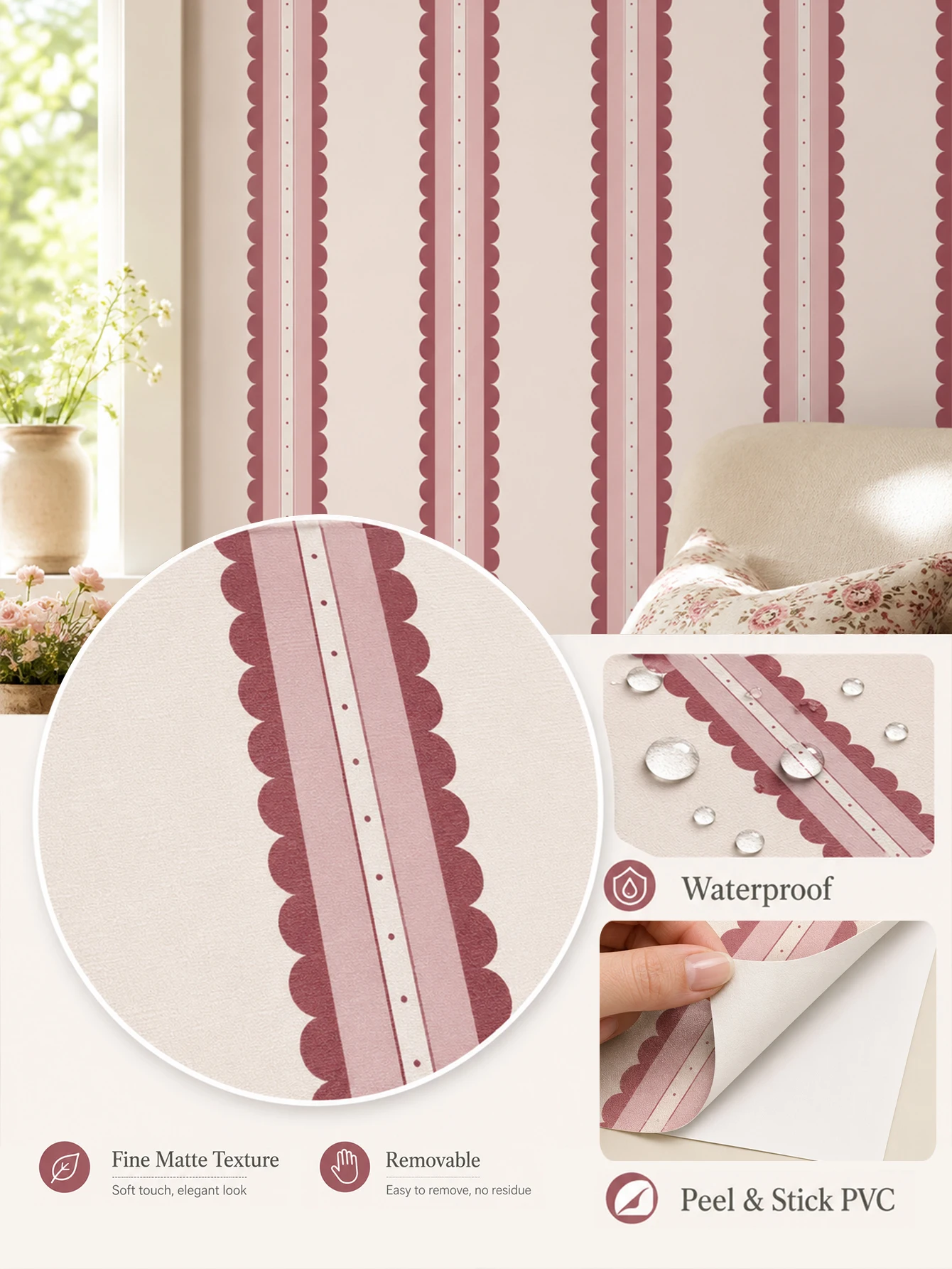 Scalloped Edge Striped Peel and Stick Wallpaper, Retro Boho Self Adhesive Wall Decor, Removable Contact Paper for Room Renovatio
