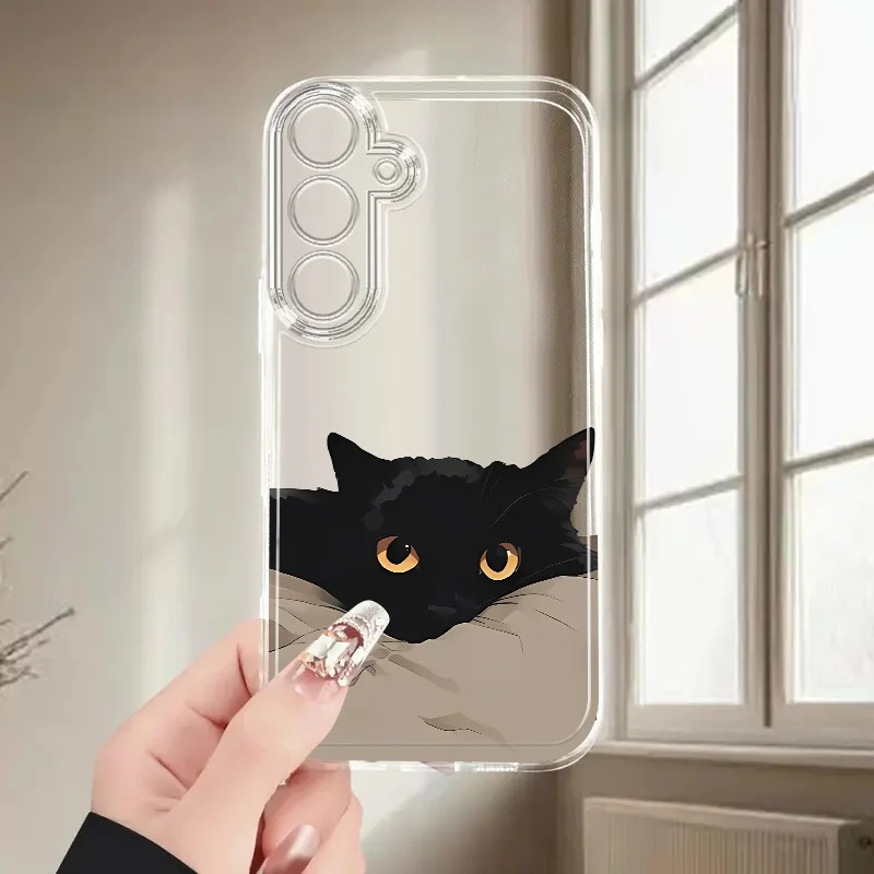 Cartoon Little Black Cat Transparent Phone Case Suitable for Samsung for Galaxy S25 S24 S22 S21 S20 FE Ultra Plus 4G 5GAnti Drop
