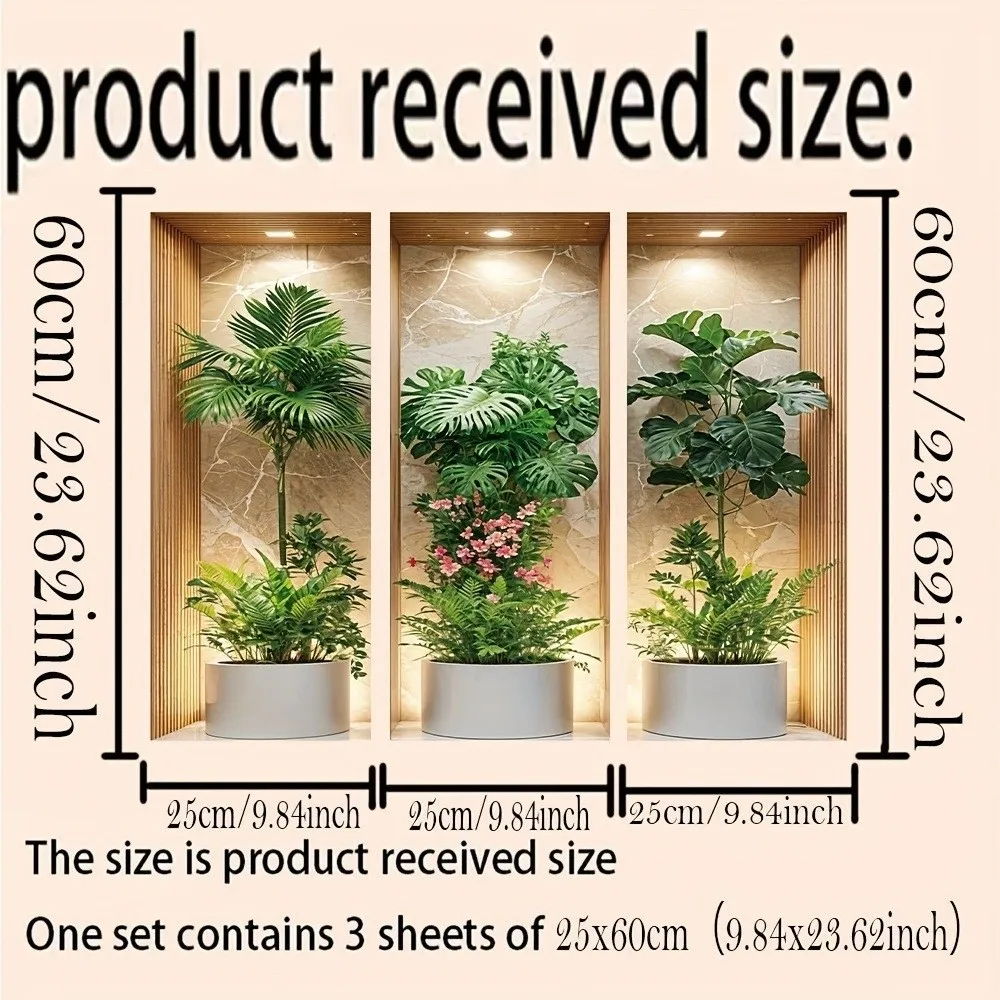 3Pcs Green Plant Wall Sticker Self Adhesive Waterproof Triptych Wall Art Nordic Style Potted Plant Print Simulation Plant Poster