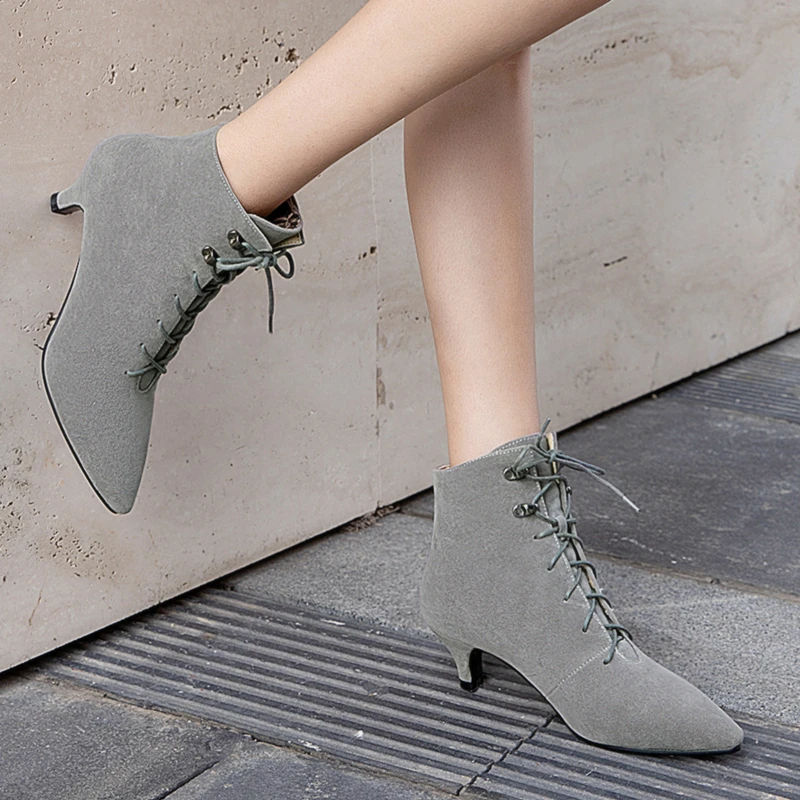 Fashion Lace Up Ankle Boots For Women Casual Low Heels Pointed Toe Beige Gray Women\'s Ankle Boots Short Shoes Lady Large Size 48