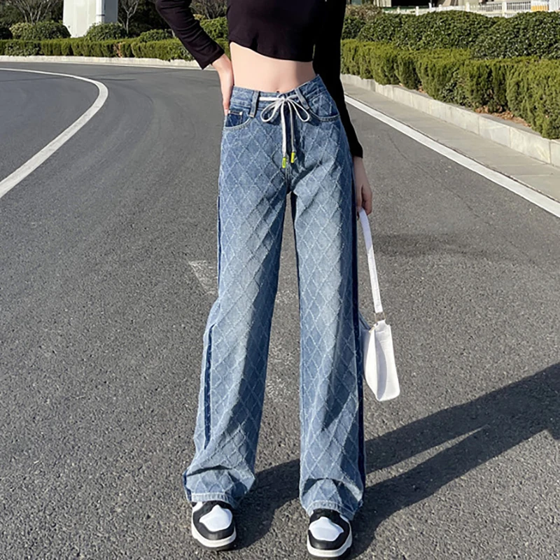 Spring Light Blue Jeans Non-Stretch Three-Dimensional Rhombic High-Waist Loose Casual Wide Leg Slimming Straight Leg Pants