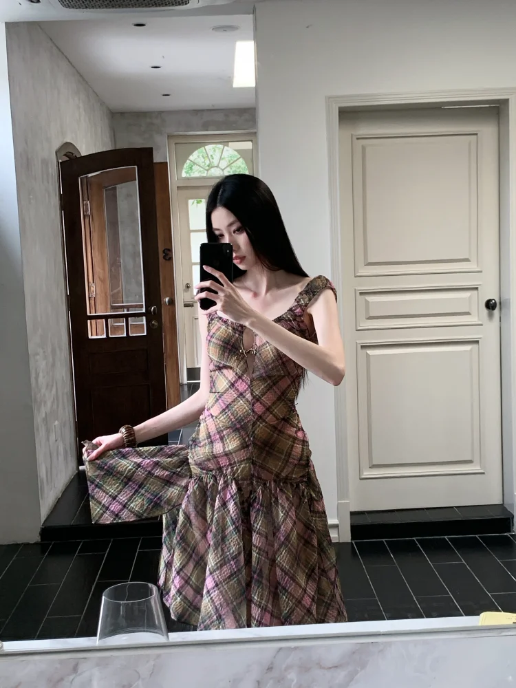 Summer Plaid Chiffon Chic Backless Sexy Sling Dress Women Elegant Bandage Casual Dress 2026 Korean Bodycon Luxury Evening Dress