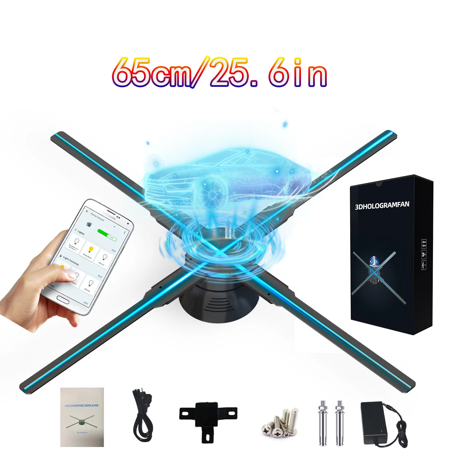 65cm/25.6in 3d Hologram Fan, 768 Led Beads in 4 Fan Blades Holographic Projector by TF Card, App & Remote Control, Halloween