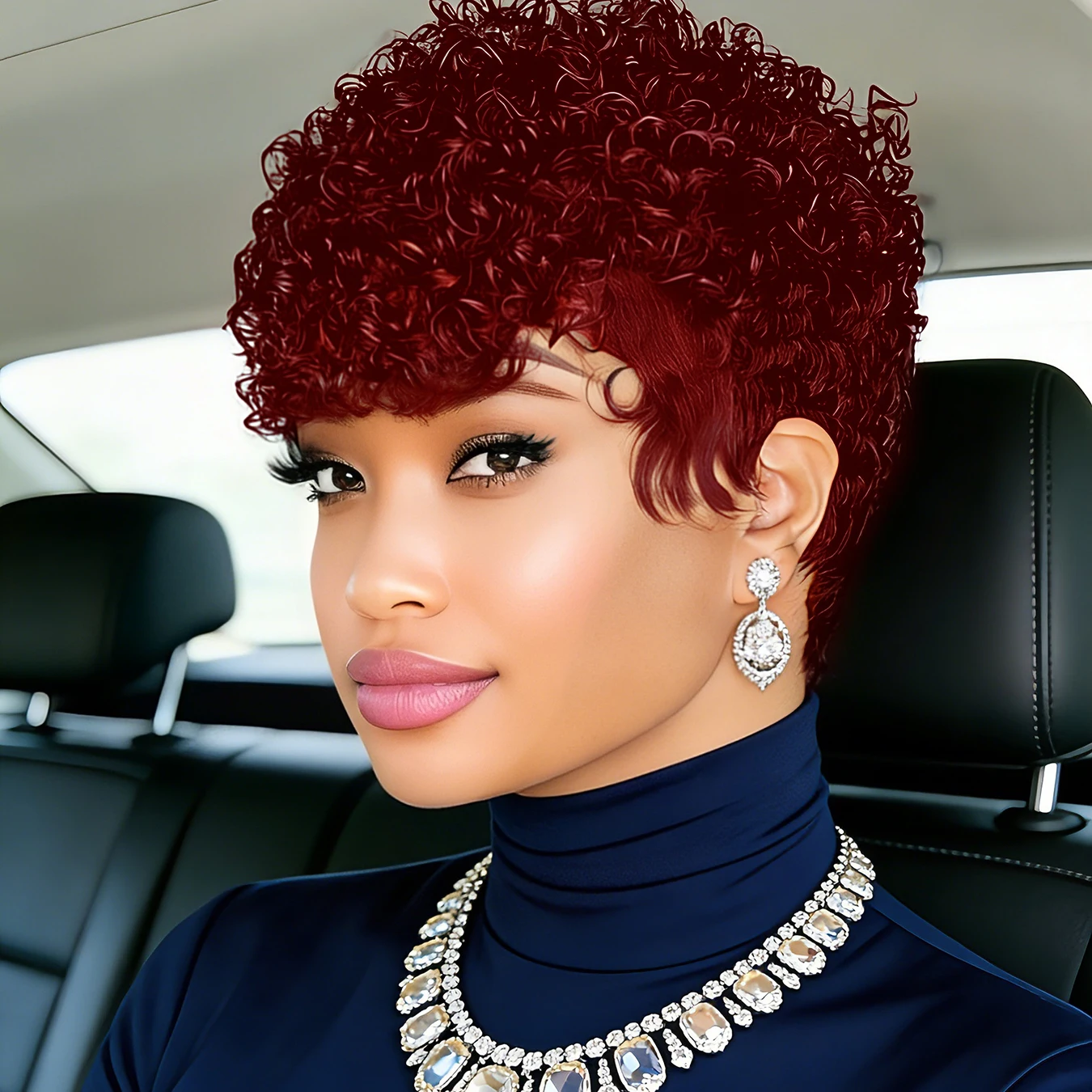 

Trending Natural Color Brown 99J Pixie Human Hair Wig Kinky Curly Afro Pixie Cut With Bangs Full Machine Made For Women