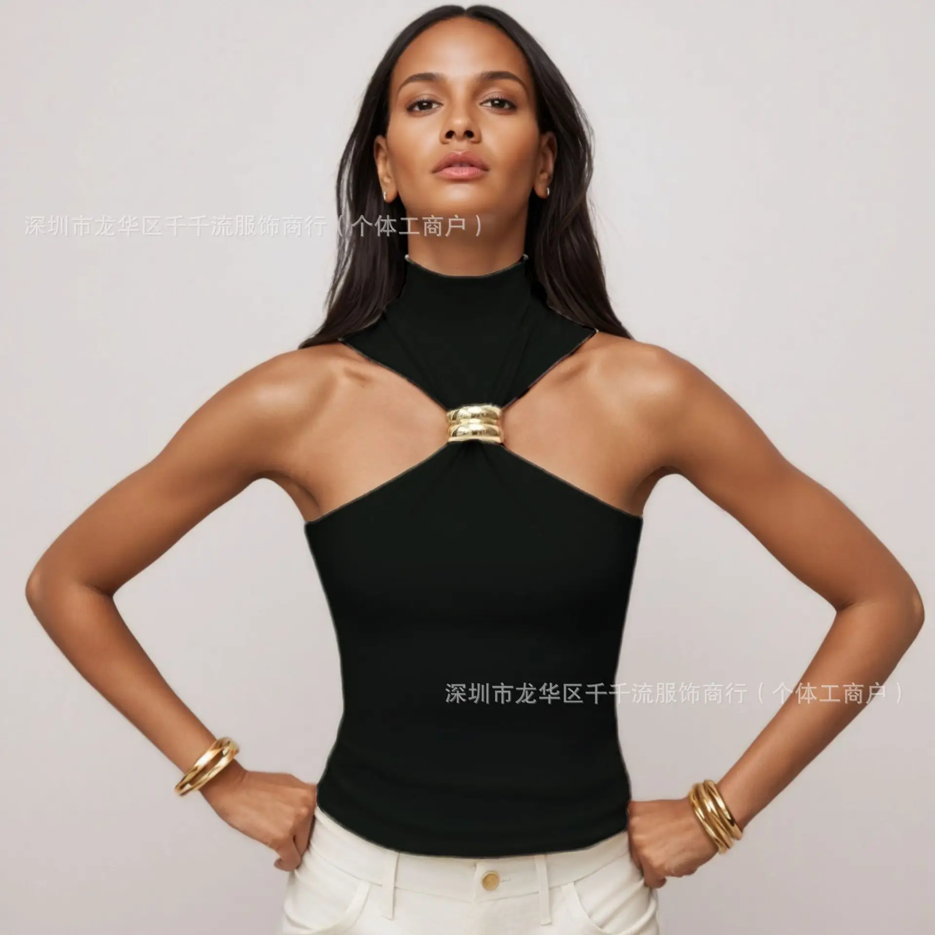Women's Gold Ring Sleeveless Off-Shoulder Elastic Top T-Shirt Kadınlar Için Sexi Giysiler Camiseta Mujer Manga Corta Футболки