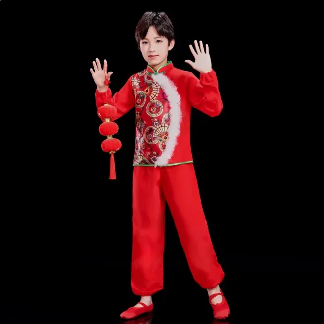 Traje yangko vermelho para crianças trajes de palco clássico guarda-chuva fã roupas de dança nacional hanfu yangko dança wear