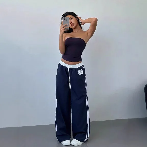 

European and American spring and autumn new high-waisted loose straight wide-leg casual pants drawstring color matching trousers