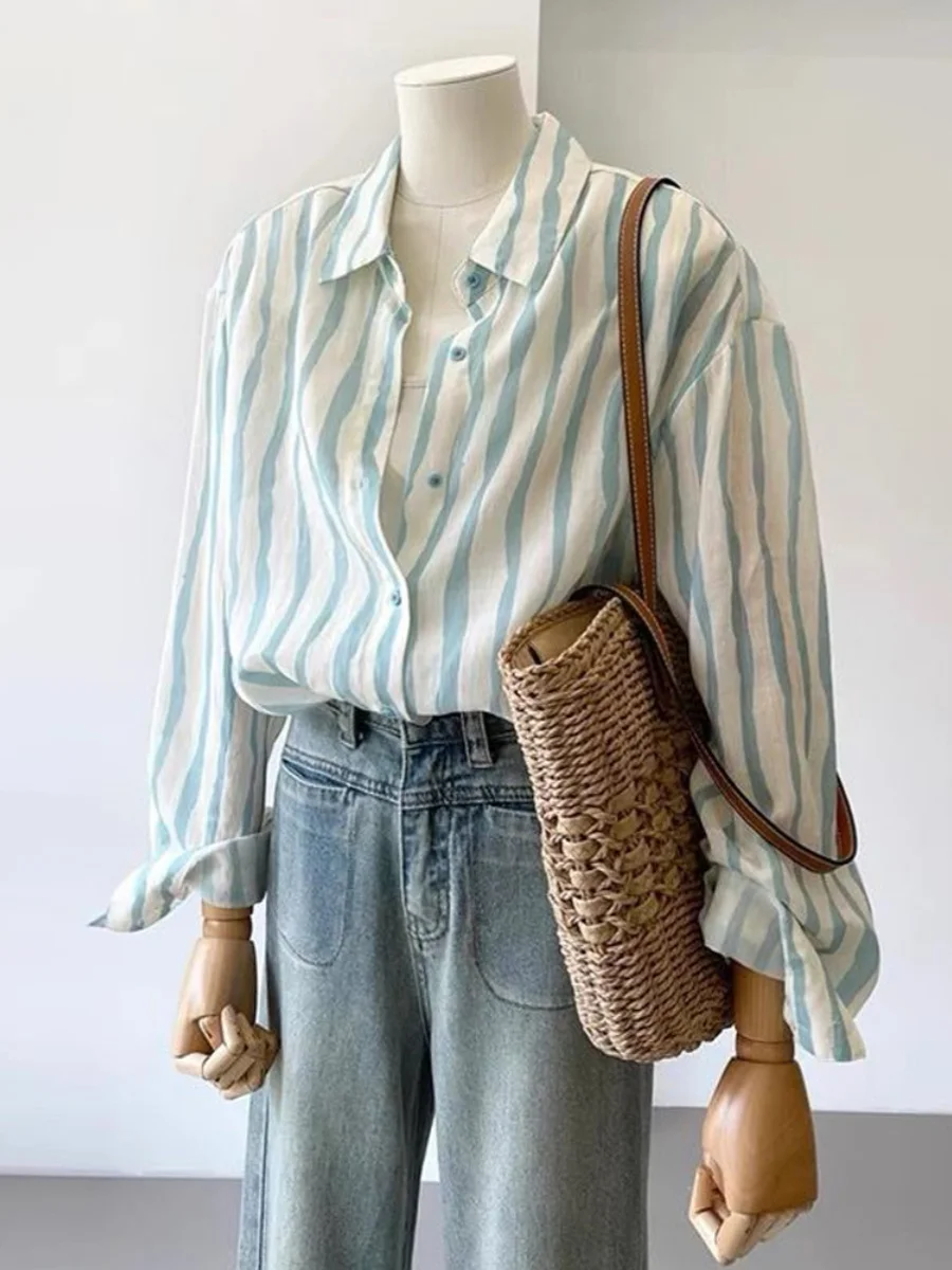 loose-fit-long-sleeve-sun-protection-shirt-lightweight-thin-cotton-linen-stripe-pattern-women's-outerwear-summer-fashion