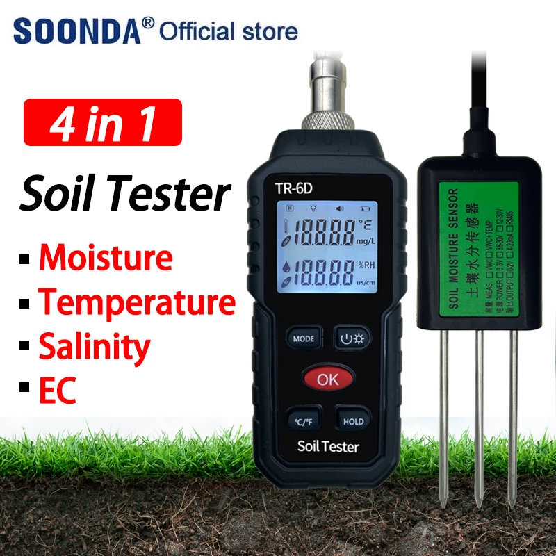 4 in 1 Digital Soil Tester Detector Soil EC Meter Moisture Meter Salinometer Thermometer Soil Temperature Tester With 2m Cable