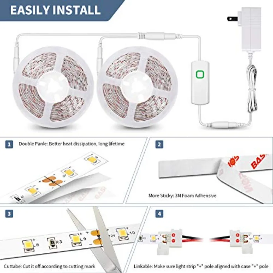 Led Strip Lights Dimmable Led Light Strip Flexible Rope Lights Kits with 24v Etl Power Supply, Adhesive Clips, Dimmer Switch an view 6