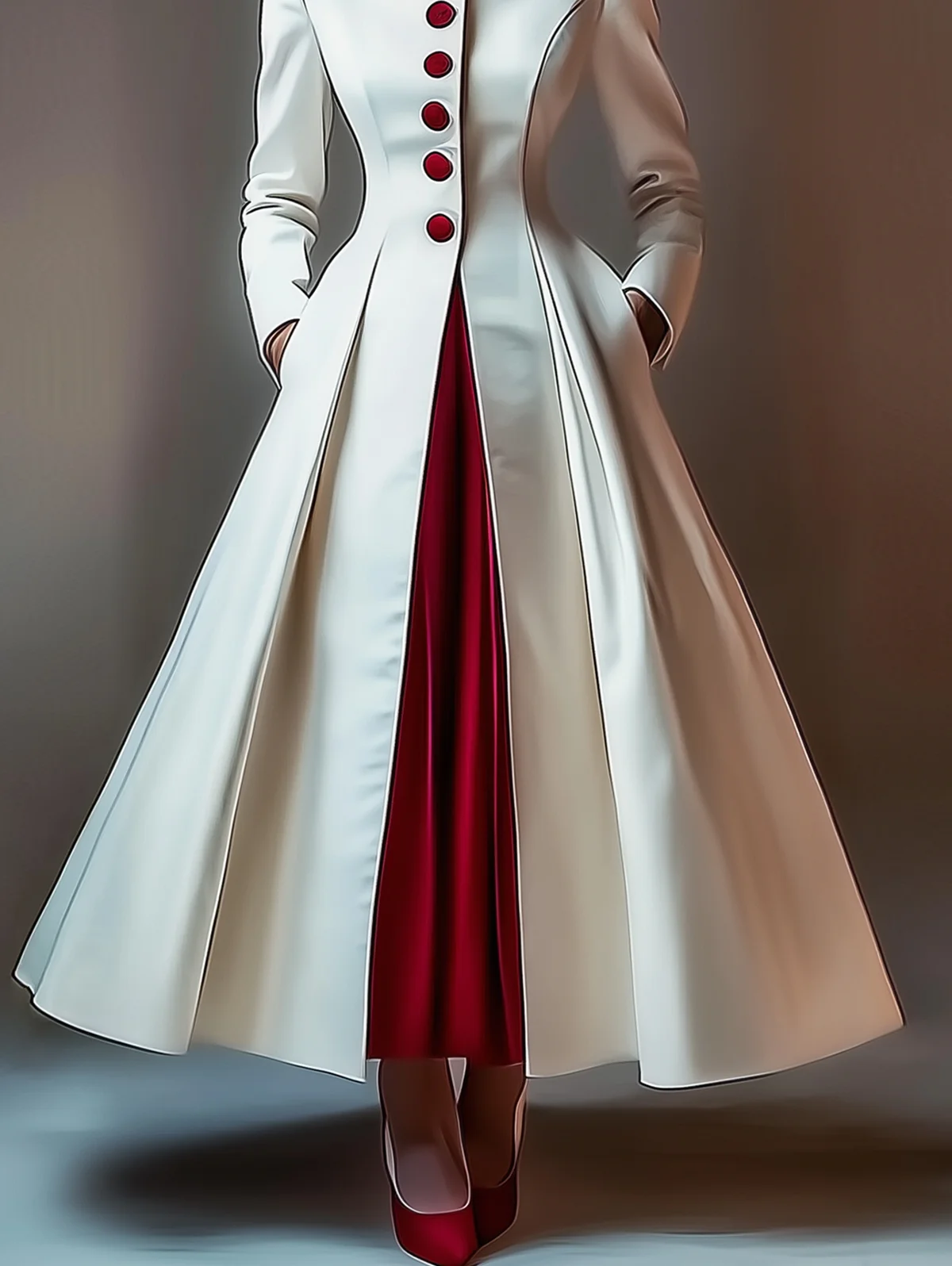 エレガントなAラインサテンマキシ丈ワンピース レディース 無地 パーティー イブニング ロングコートワンピース シングルブレスト ポケット スタンドカラー レディースドレス